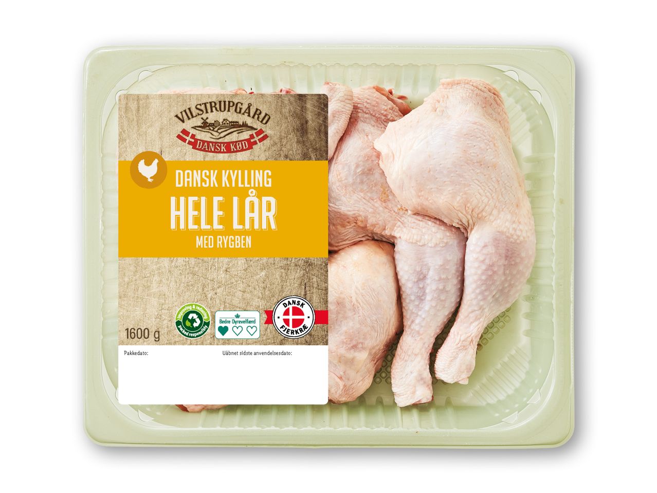 Vilstrupgaard danske kyllinge-lår (1600g) i plastikbakke.