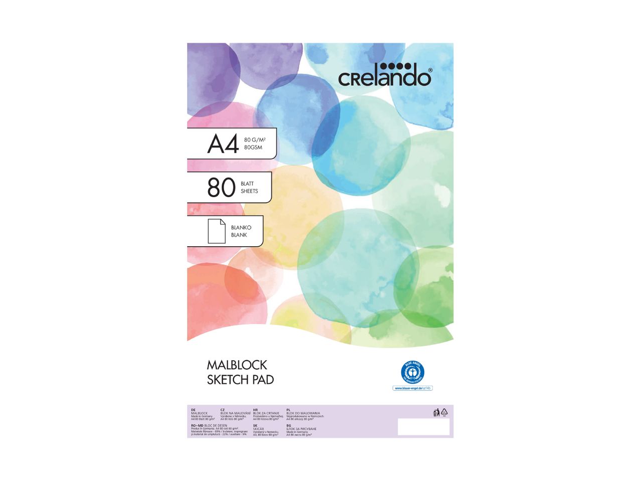 A4 sketch pad with 80 blank sheets, 80 gsm, featuring a watercolor bubble design.