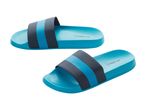 Two blue and dark grey striped slide sandals, one above the other.