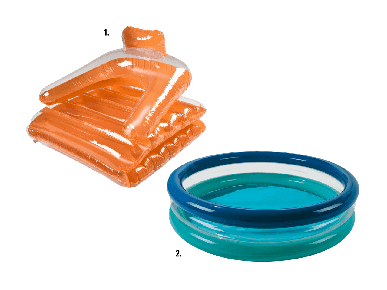 Transat gonflable orange et piscine gonflable bleue et verte.