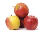 Red and yellow apples arranged in a pyramid.