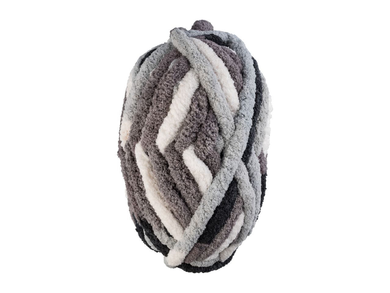 A chunky knit yarn in shades of gray, white, and black, arranged in a braided pattern.