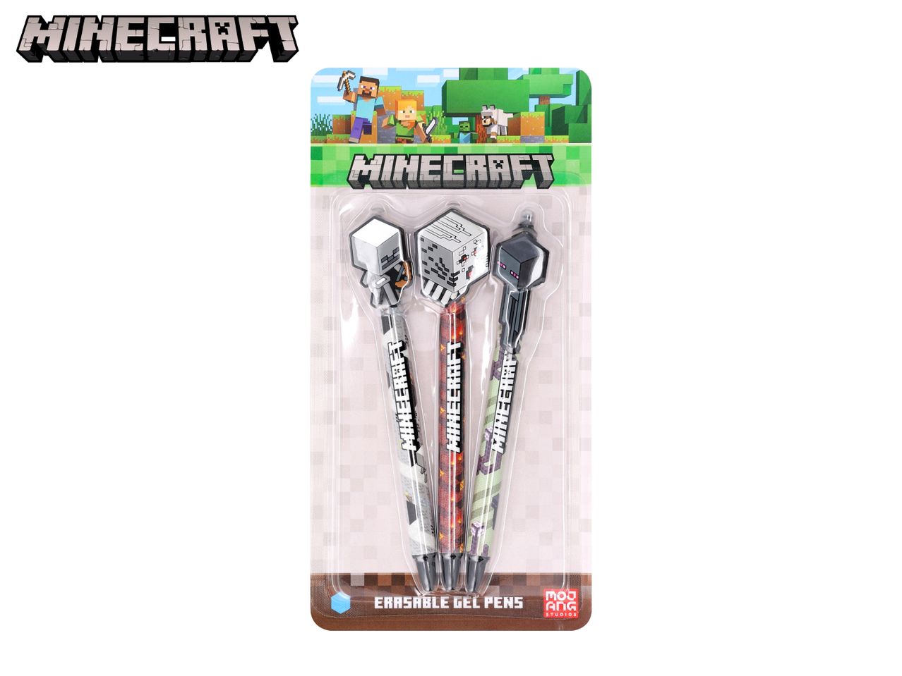 Minecraft-themed erasable gel pens featuring character toppers like a skeleton and Enderman.