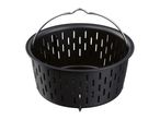 Black air fryer basket with a metal handle, featuring slotted sides.