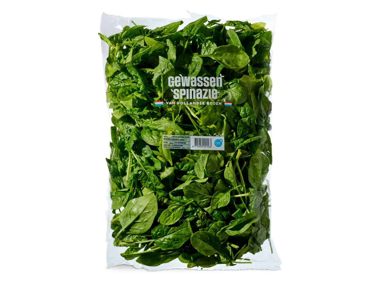 Verse spinazie in een doorzichtige plastic zak.