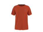Orange short-sleeved sports t-shirt with a small grey logo on the chest