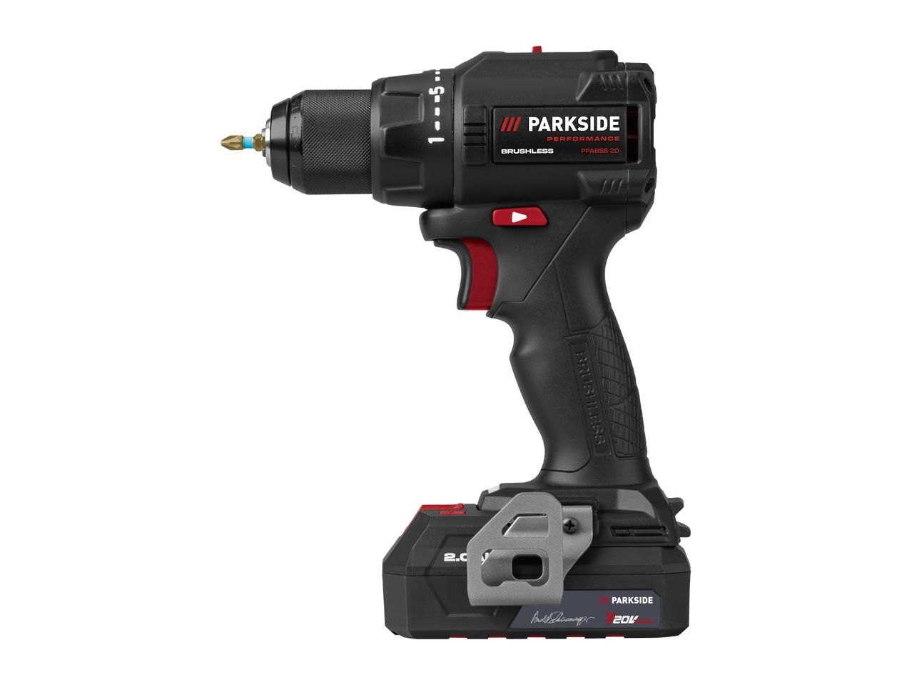 Cordless drill with a screwdriver bit, featuring a brushless motor and a 20V battery.
