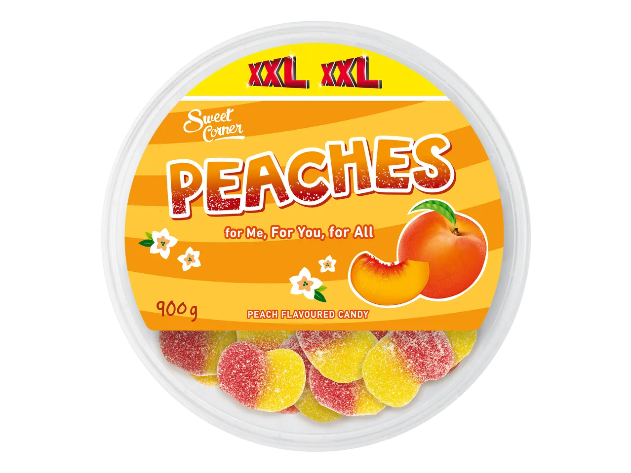 Bonbons gélifiés en forme de pêche, bicolores rouge et jaune, dans un emballage rond avec l'inscription 'PEACHES' et '900g'.