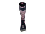 A single dark blue Crivit ski sock with pink and grey stripes and accents.