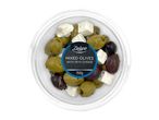 Mixed olives with feta cheese in a clear round container, 150g.
