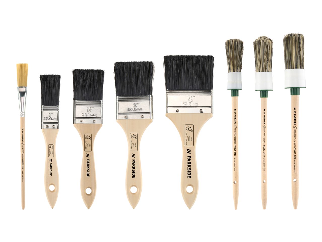 A set of paintbrushes, including flat and round brushes of various sizes, with FSC certified wooden handles.