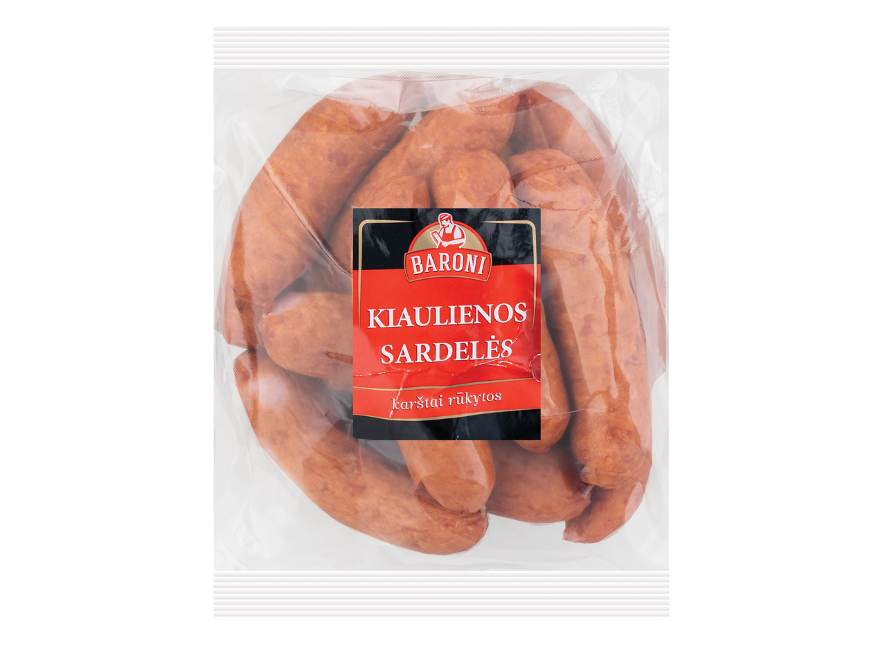 BARONI Karštai rūkytos kiaulienos sardelės permatomoje pakuotėje.