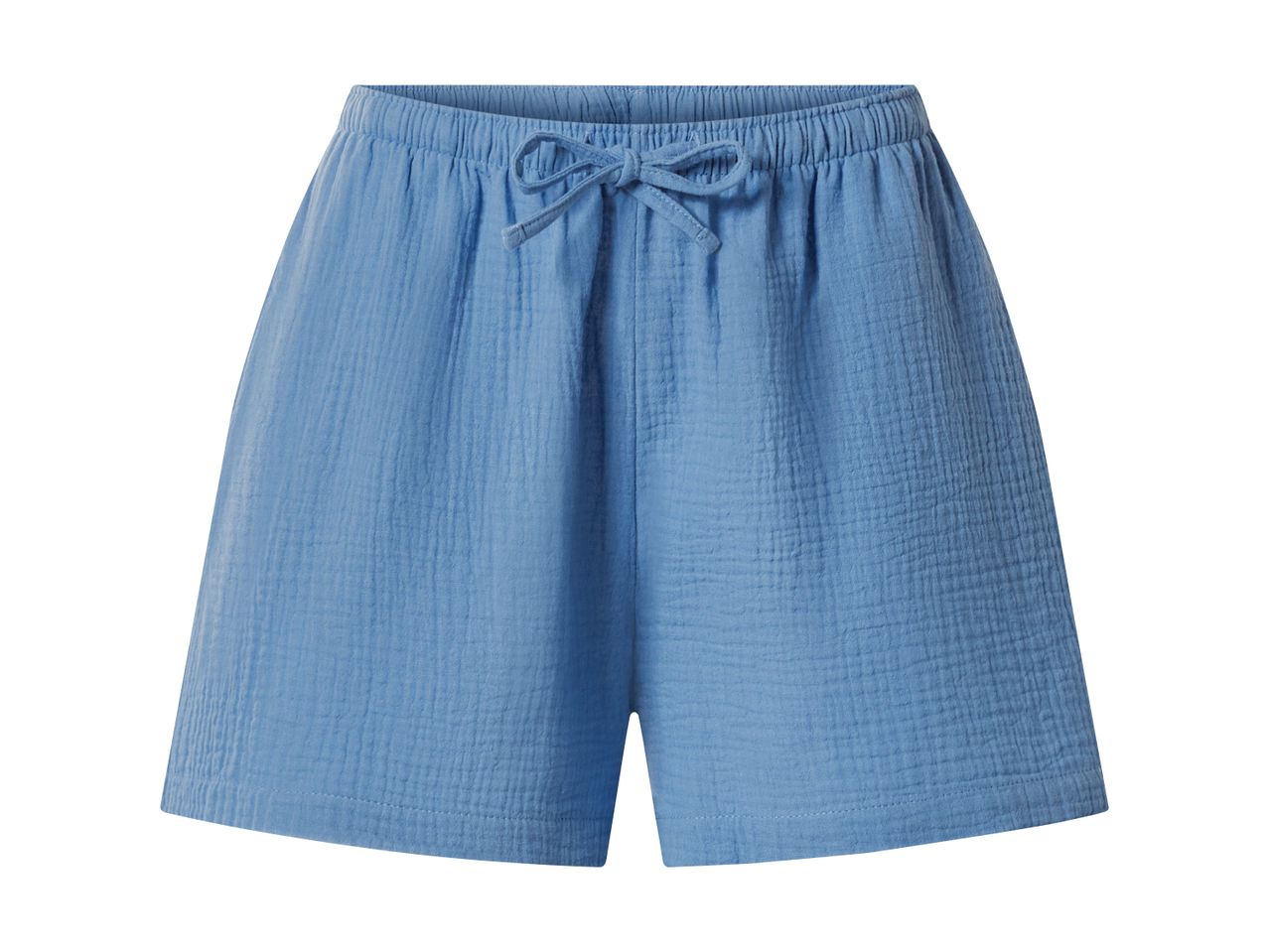 Light blue crinkled cotton shorts with an elasticated waist and drawstring.