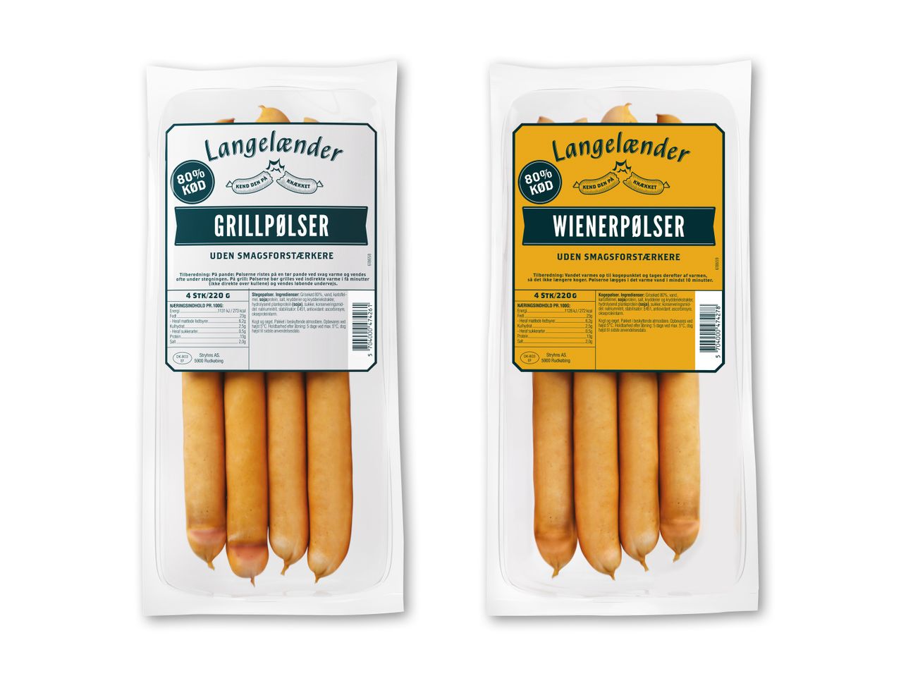 To pakker Langelænder pølser: grillpølser og wienerpølser.