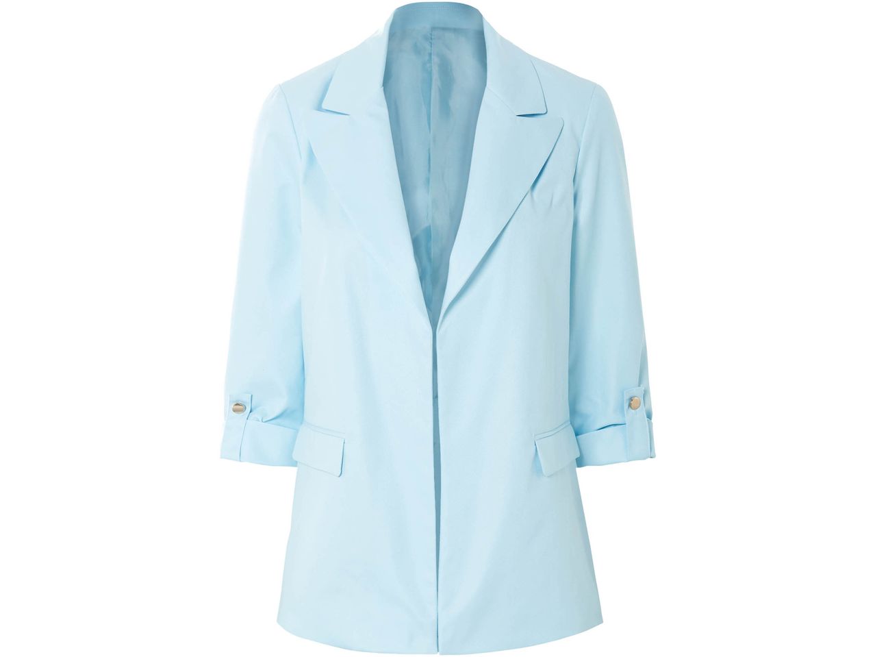 Blazer azzurro chiaro con maniche arrotolate e bottoni dorati.