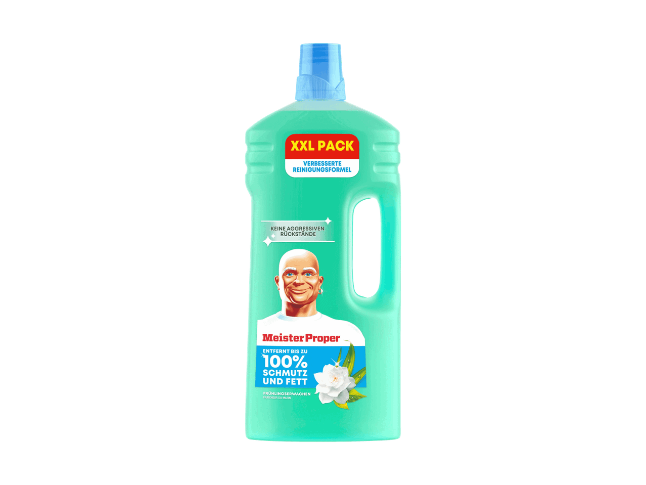 Flasche eines Allzweckreinigers mit dem Markenmaskottchen, der eine verbesserte Formel und Frühlingsduft anzeigt.