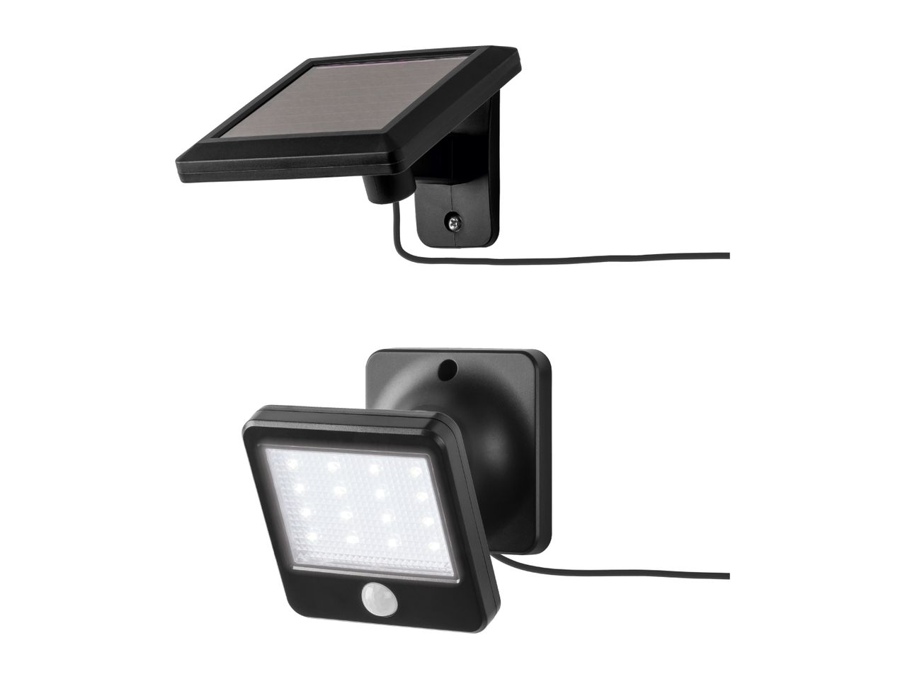 Solar-powered LED security light with a separate solar panel and motion sensor.
