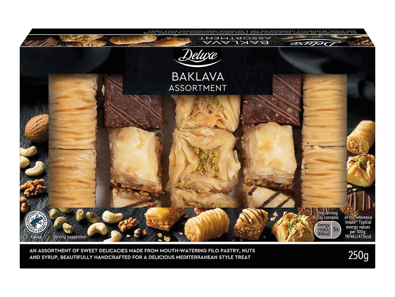 Baklava assortment with various filo pastry, nuts, and syrup delicacies, 250g.