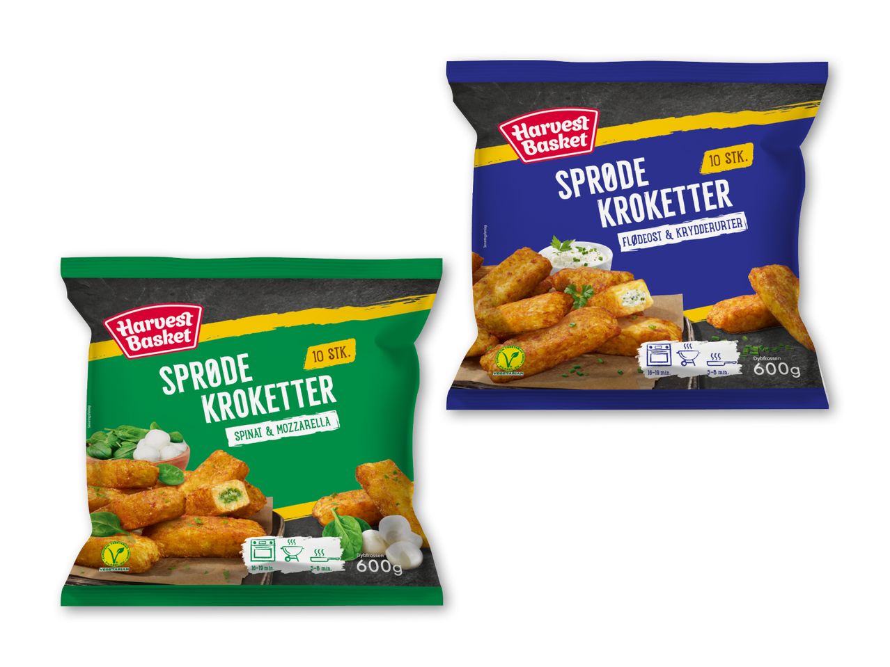 To poser sprøde kroketter: én med spinat og mozzarella, én med flødeost og krydderurter.