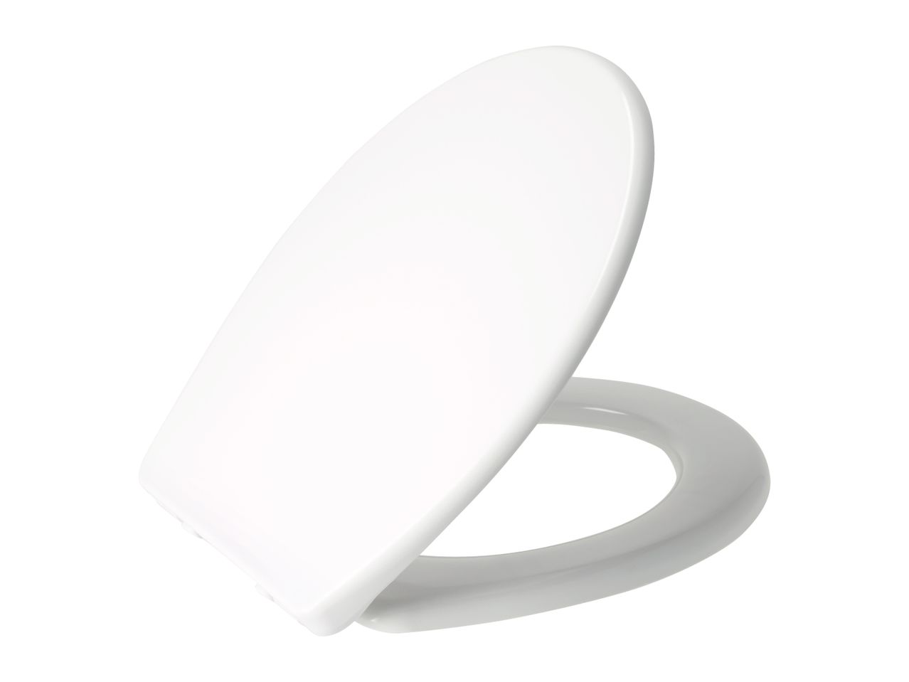 White toilet seat with the lid partially open, isolated on a white background.