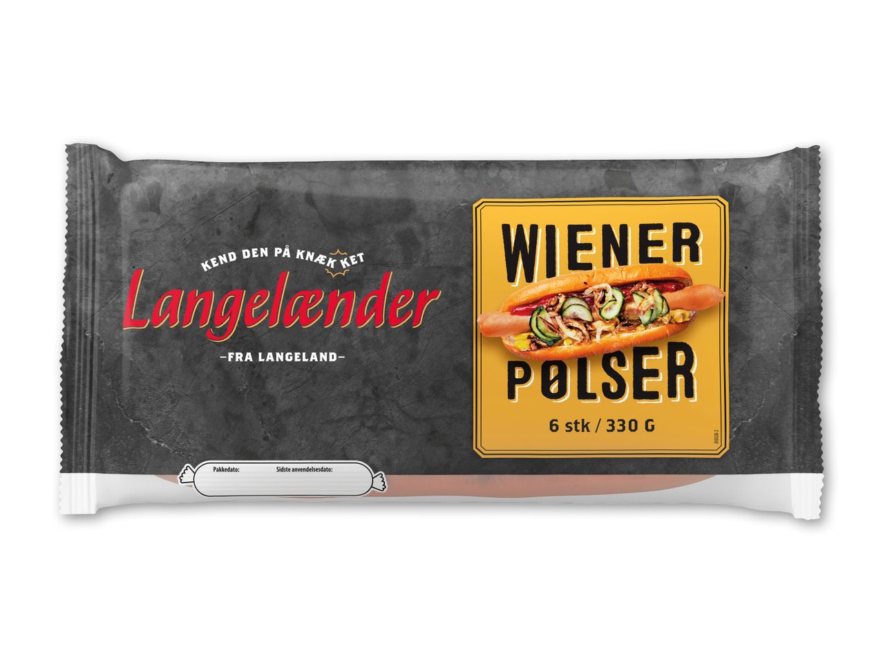 Pakke med wienerpølser, 6 stk. / 330 g, med billede af en hotdog.