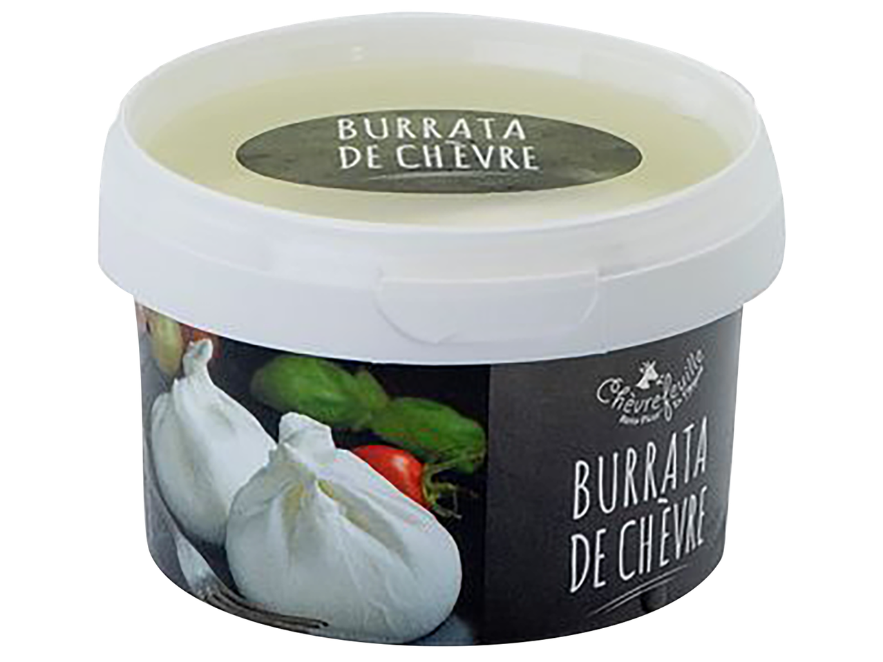Récipient de burrata de chèvre avec des boules de fromage, des tomates et du basilic.