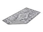 Grey patterned rug with a non-slip backing shown folded over at one corner