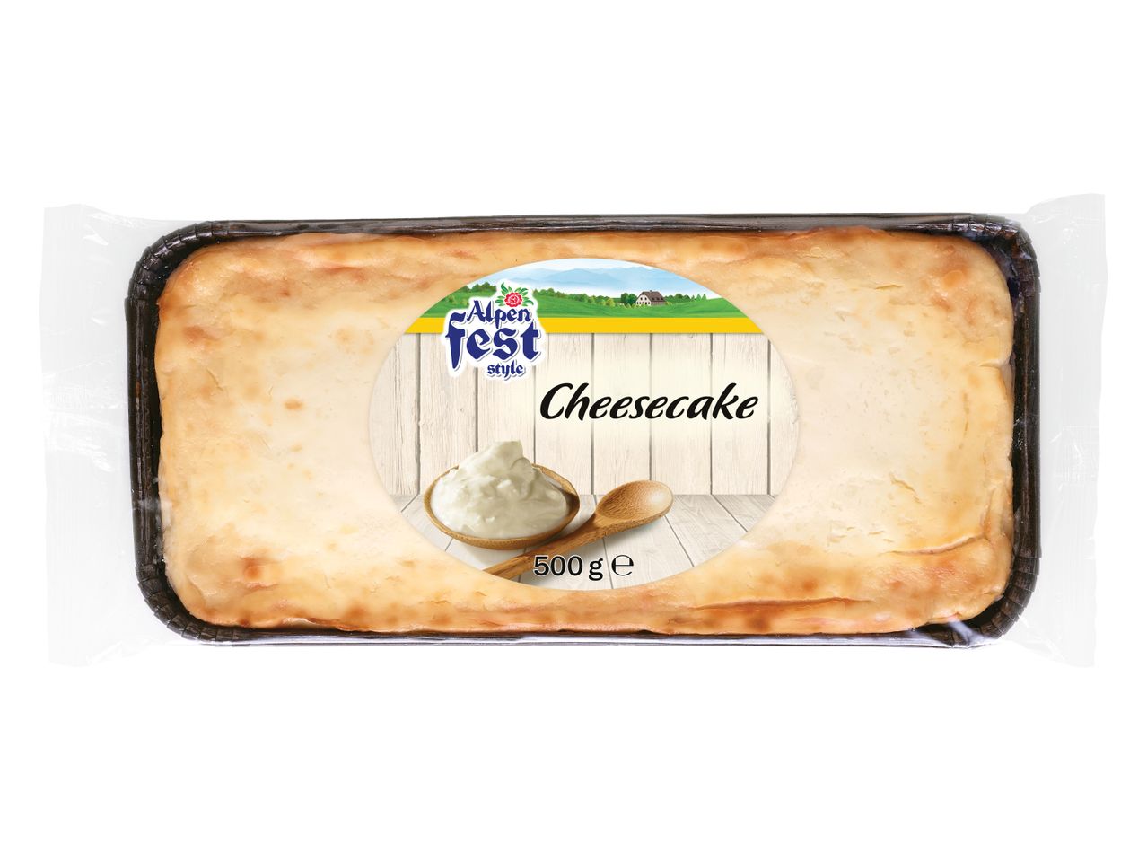 Pakiran cheesecake z nalepko blagovne znamke Alpenfest in napisom 'Cheesecake' ter '500 g e'.