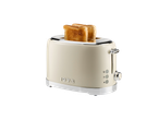 A cream-colored toaster with toasted bread, chrome details, and buttons.