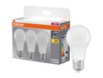 Three-pack of LED light bulbs with E27 base, 8W equivalent to 60W, warm white light.