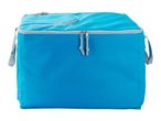 A bright blue fabric storage cube with zipper closure.