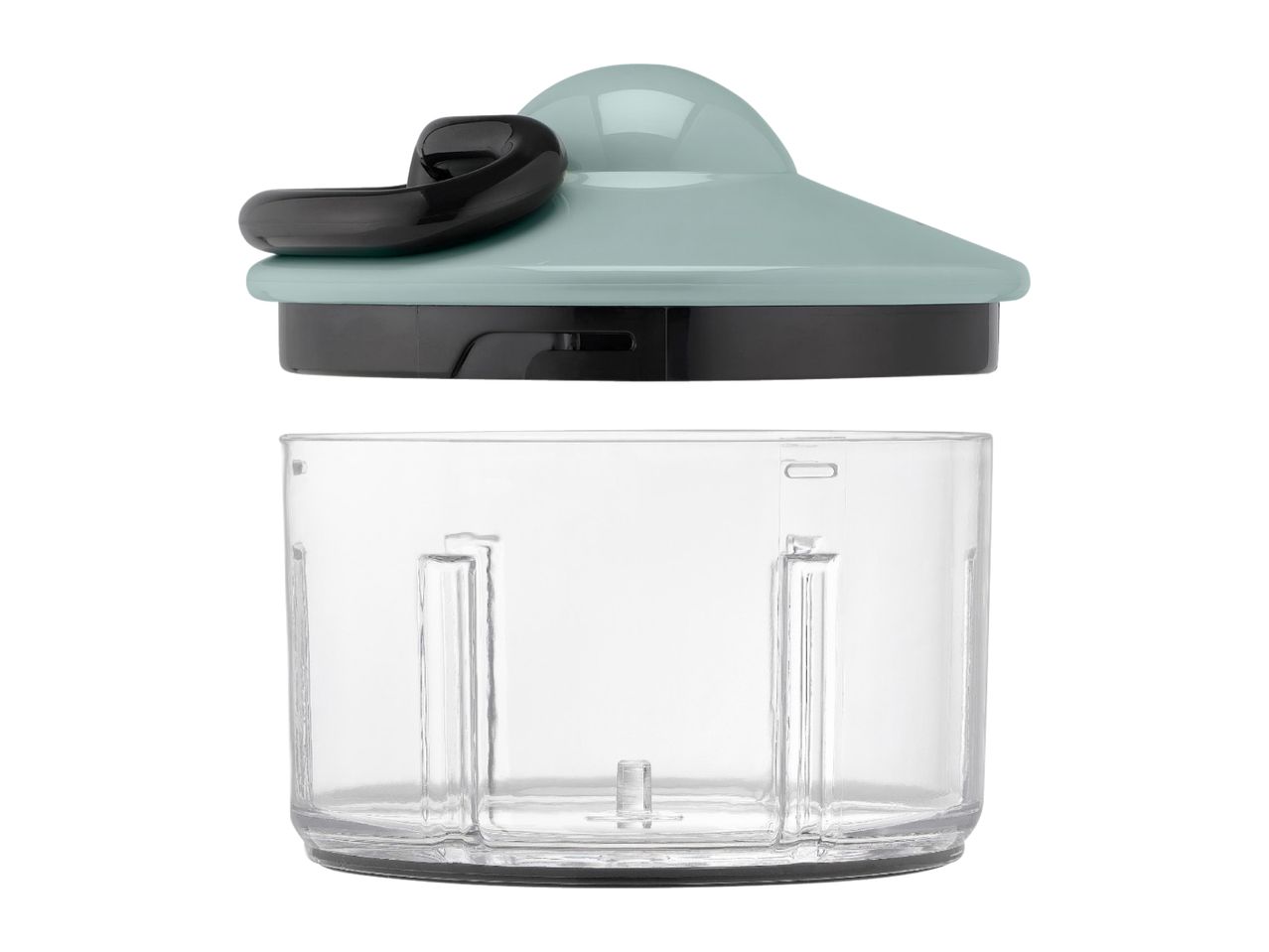 Manual food chopper with a clear container and a light green lid
