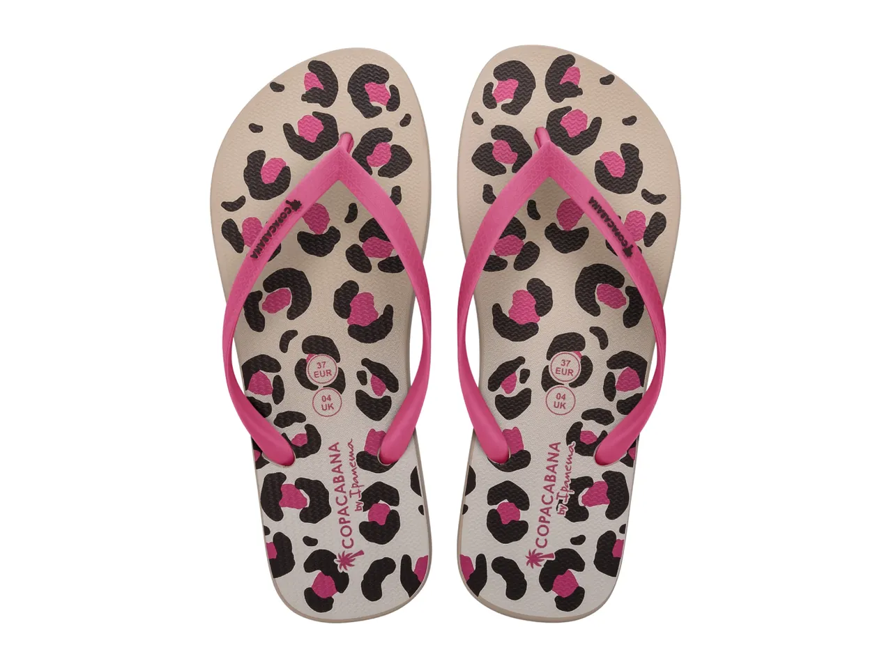 Pair of flip-flops with a pink and black leopard print design, featuring size 37 EUR / 04 UK.