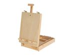 Wooden tabletop easel with an open storage compartment and adjustable canvas holder.