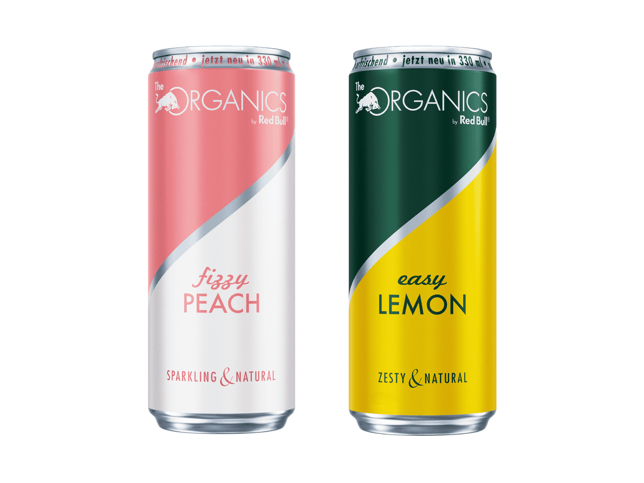 Zwei Dosen Red Bull The Organics: Fizzy Peach und Easy Lemon.