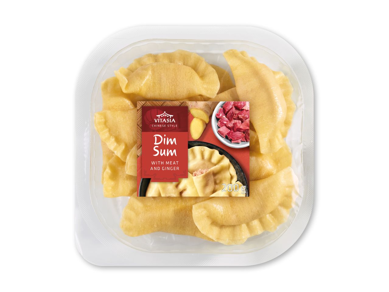 Dim Sum med kød og ingefær i en klar plastbakke, 200g.