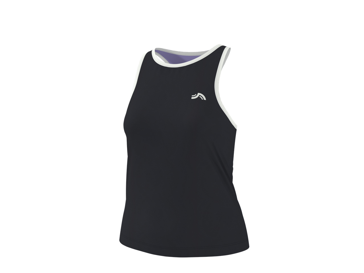 Top desportivo CRIVIT para senhora, preto com rebordo branco e logótipo.