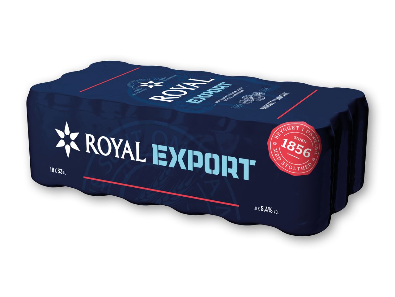 En pakke med 18 øl, 33 cl hver, med teksten 'ROYAL EXPORT' og 'BRYGGET I DANMARK SIDEN 1856 MED STOLTHED'.