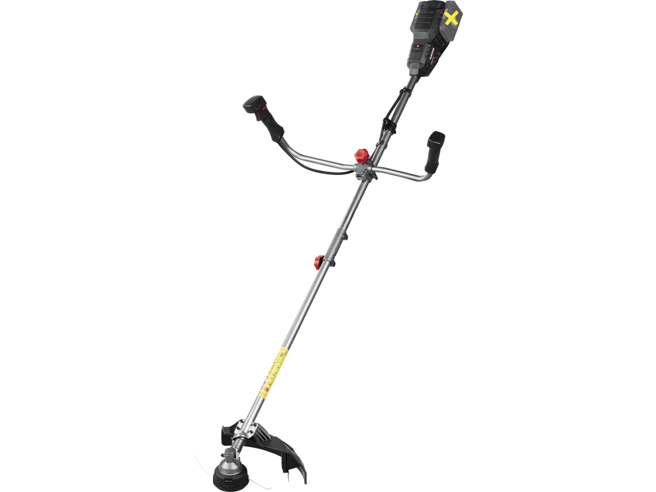 Cordless grass trimmer with a battery pack, adjustable handle, and cutting head with line.