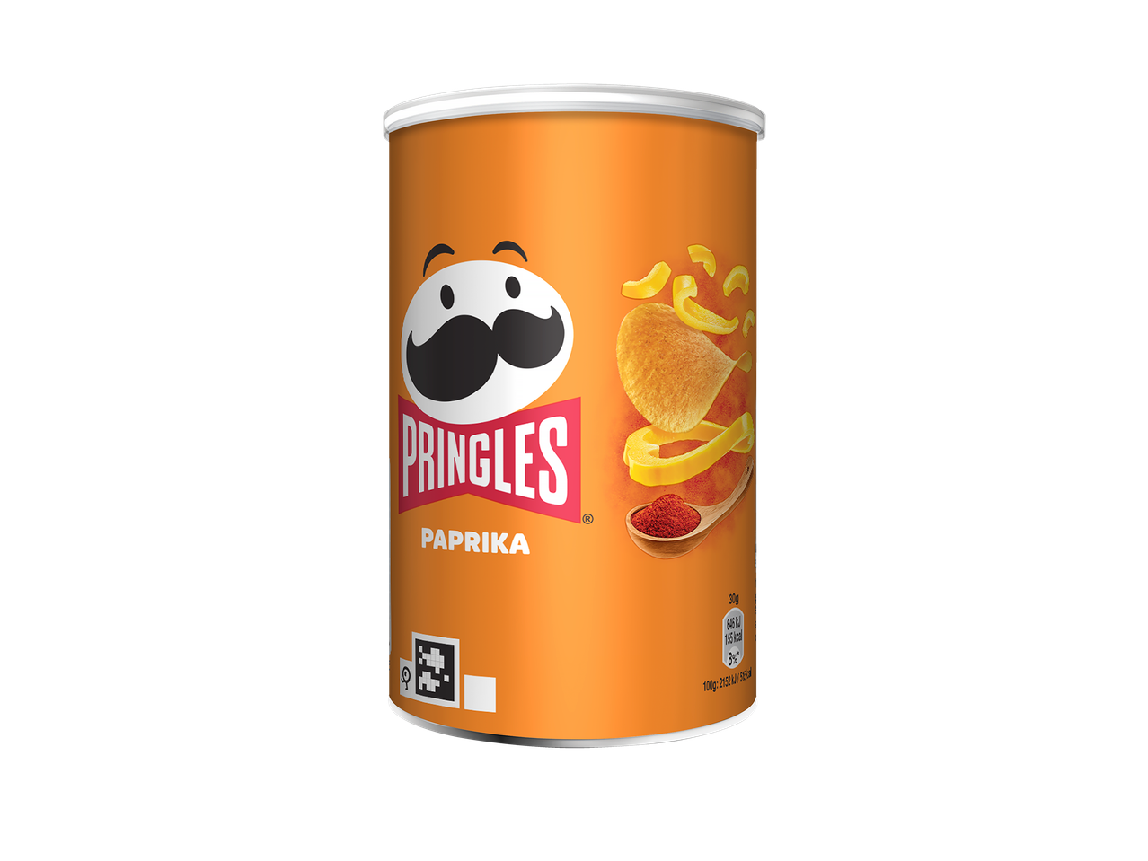Een bus Pringles Paprika chips op een zwarte achtergrond.