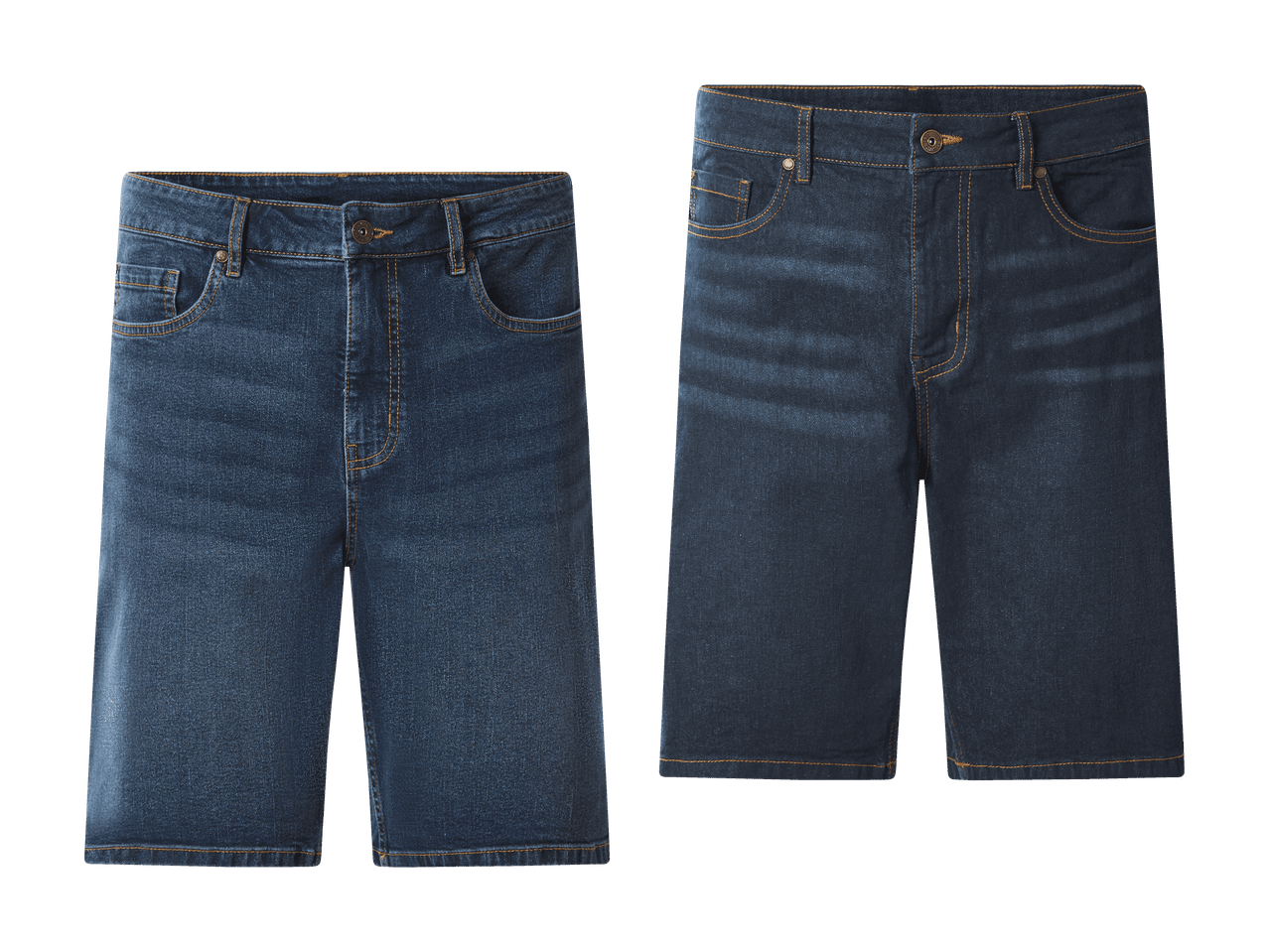 Deux shorts en jean bleus pour hommes, un plus clair et un plus foncé, sur fond noir.