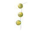 Three yellow and blue patterned paper lanterns on a string.