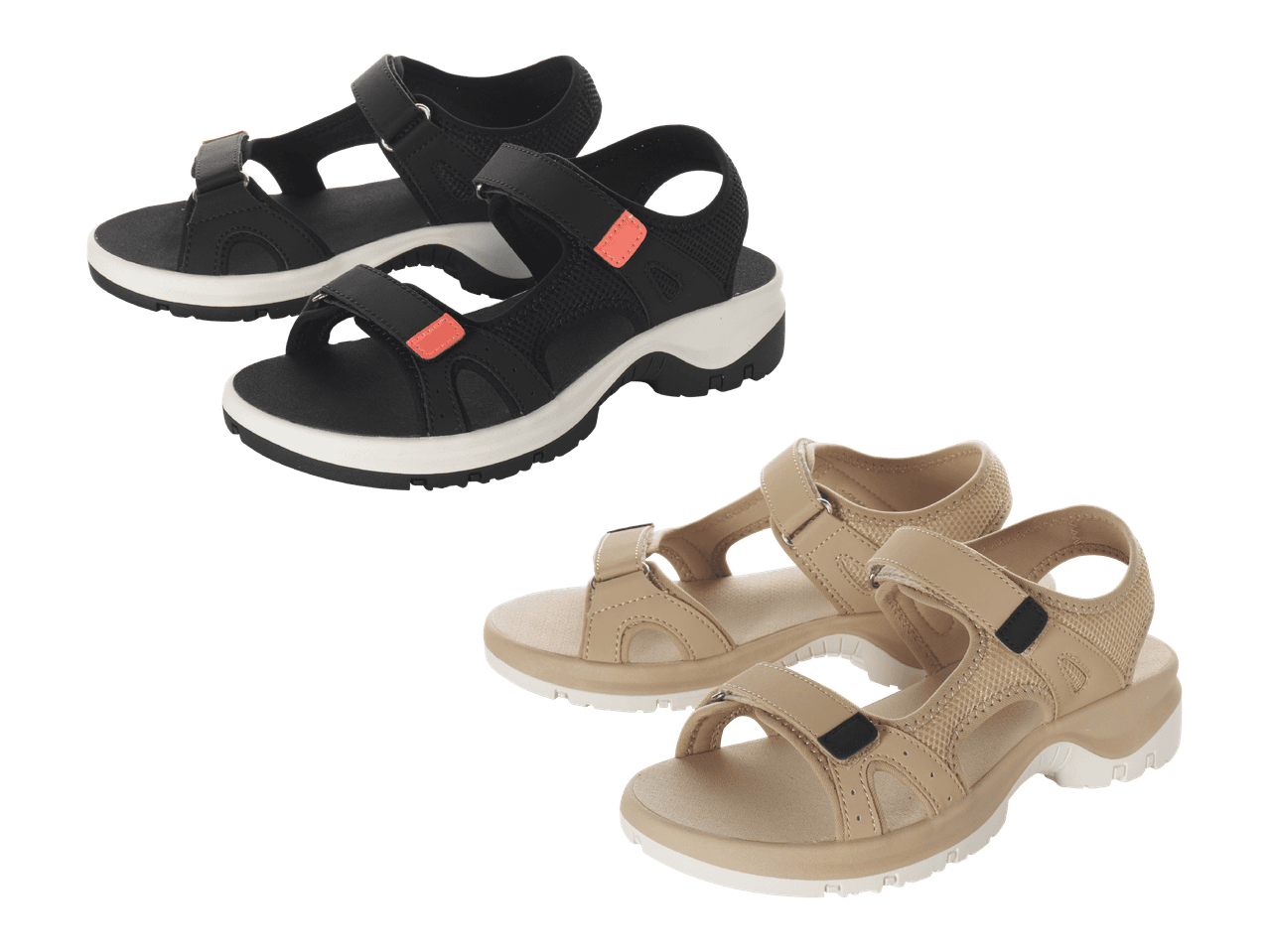 Kaksi paria mustia ja beigenvärisiä sandaaleja, joissa on valkoiset pohjat.