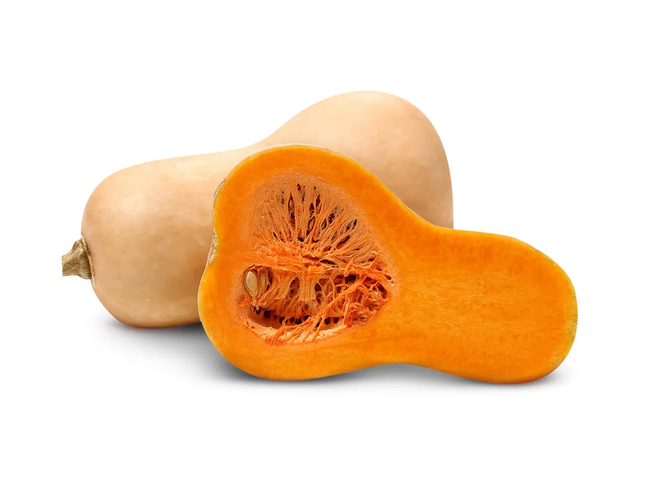 Whole and halved butternut squash on a white background.