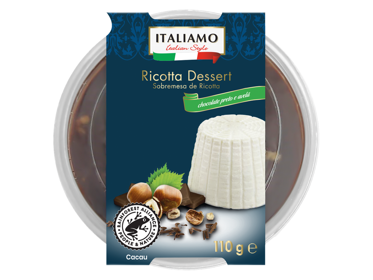 Sobremesa de Ricotta ITALIAMO: Pote de 110g com ricota, chocolate e avelãs.