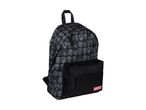 Black backpack with a grey comic book character pattern and a red logo on the front pocket.