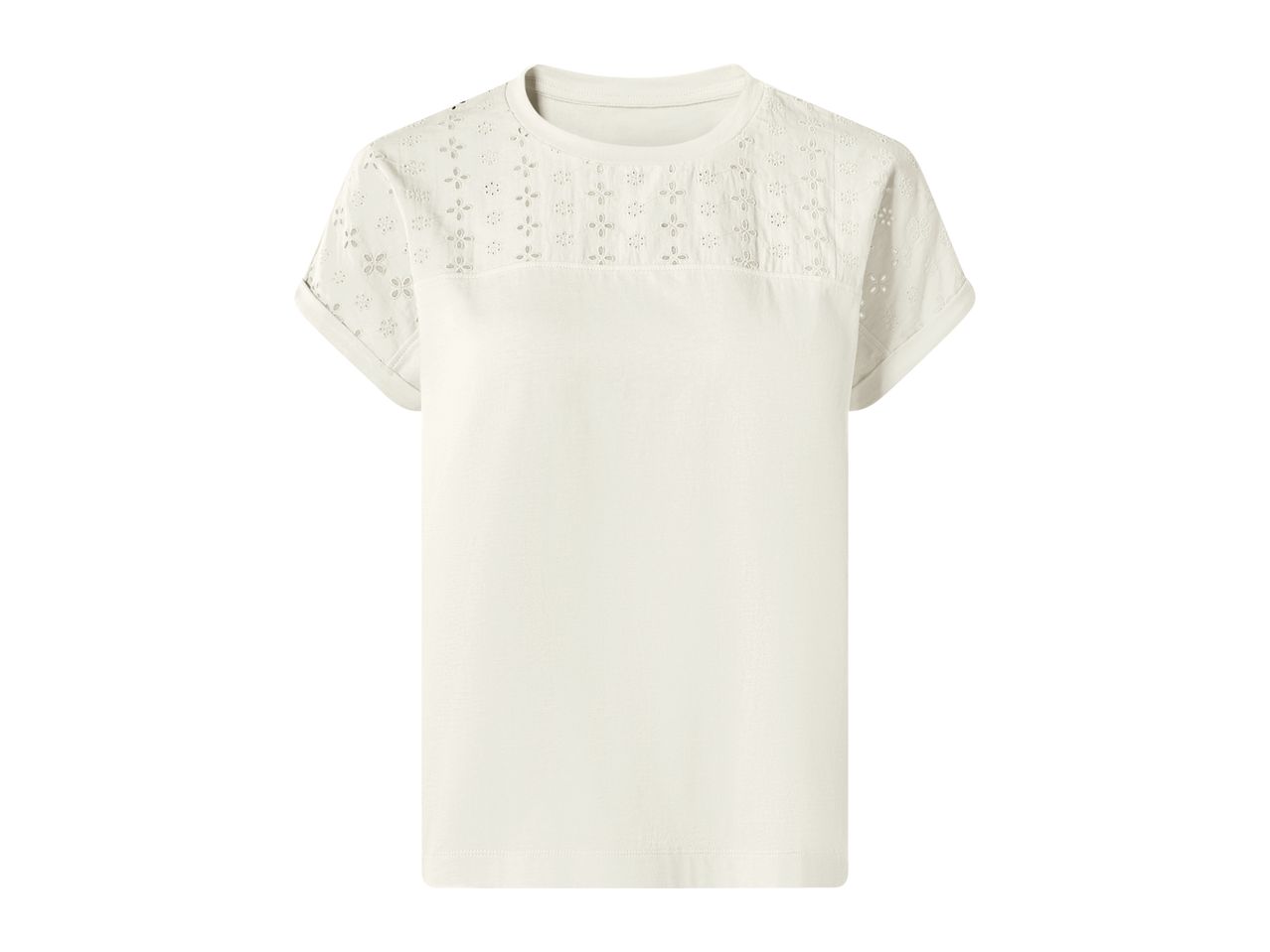 White short-sleeved top with embroidered details on the shoulders and sleeves.