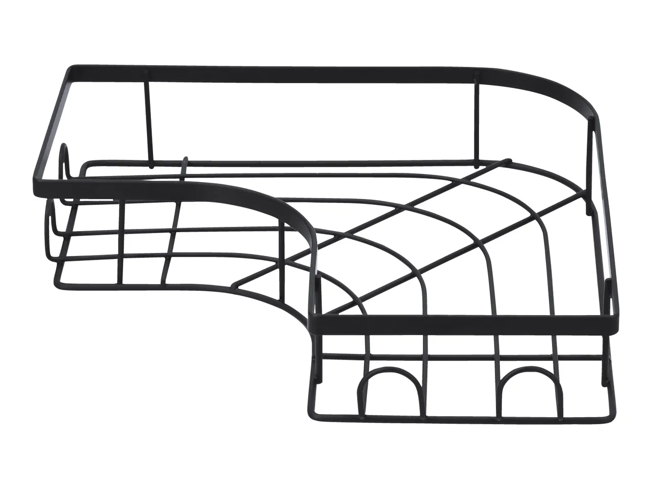 Black metal corner shower caddy with a grid design.