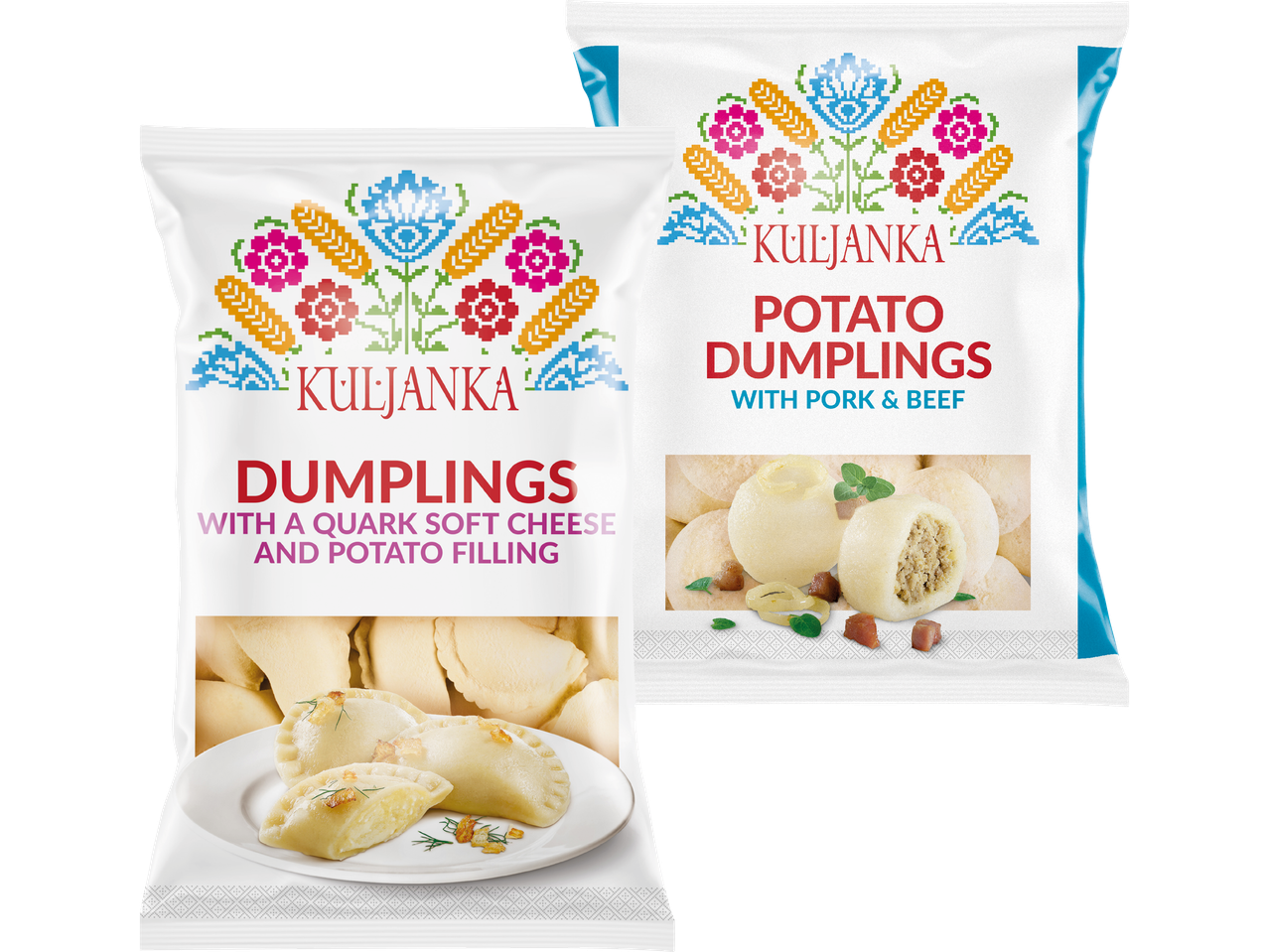 Två förpackningar Kuljanka dumplings: en med kvarg och potatis, en med potatis, fläsk och nötkött.