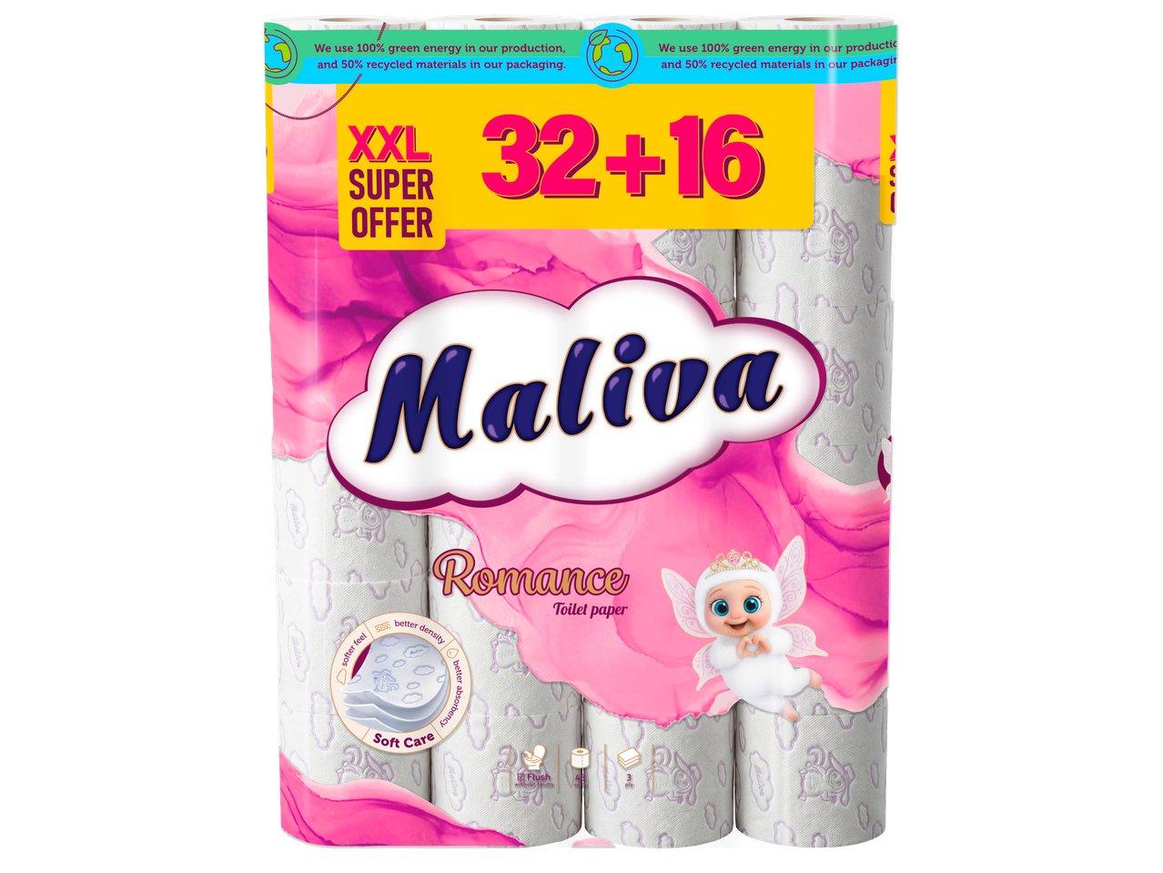 Опаковка тоалетна хартия с 32+16 ролки, розов дизайн и надпис 'Romance'.